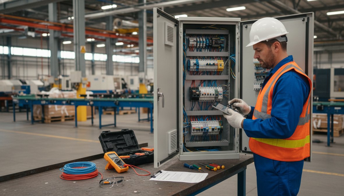 A field service technician in a hard hat and high-visibility safety vest inspecting an open industrial control panel with a diagnostic tablet in hand, inside a brightly lit manufacturing facility with machinery visible in the background