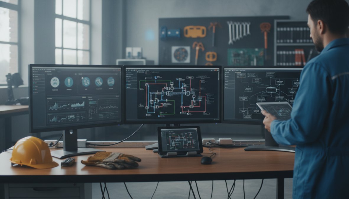Close-up of a technician's hands carefully handling a PLC circuit board on an anti-static workbench, surrounded by servo drives and HMI components in a well-lit industrial repair workshop