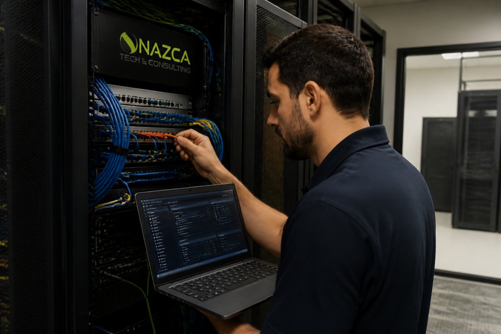 IT technician in a server room examining network cables and monitoring equipment on a rack, with multiple screens displaying system diagnostics and alert notifications, focused concentration on identifying the problem source