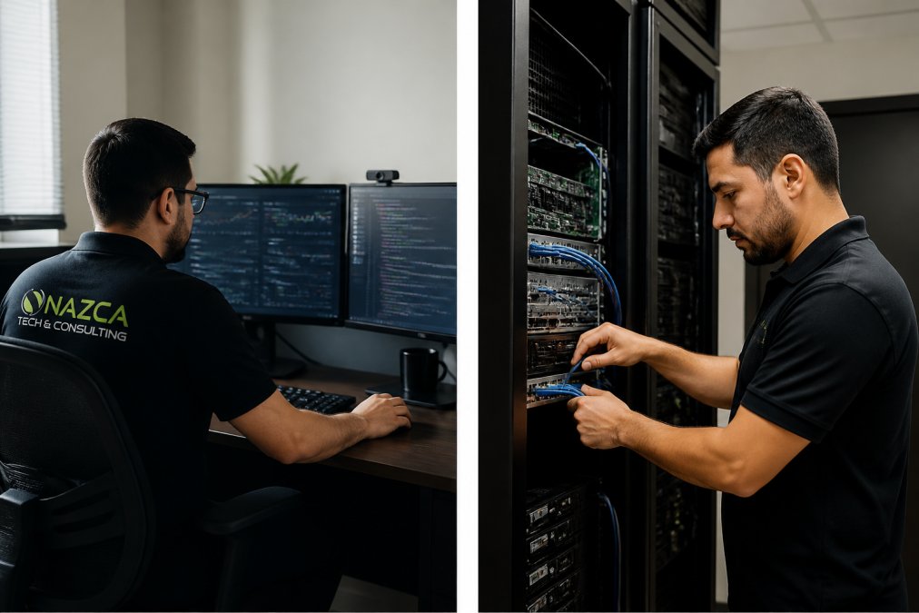 Split-screen scene showing on left a technician working remotely at a desk with dual monitors displaying system dashboards and code, and on right a technician on-site in a business office connecting cables to server equipment and examining hardware