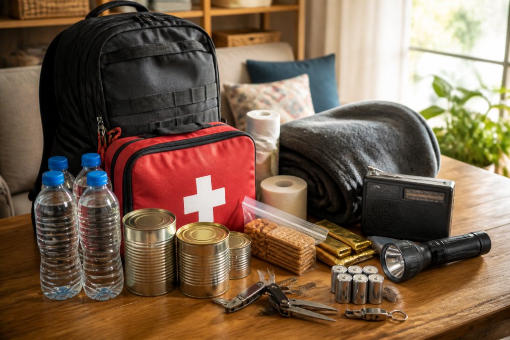 A well-organized home emergency kit laid out on a wooden table, showing water bottles, canned food, a first aid kit, flashlight, battery-powered radio, and multi-tool under warm natural light