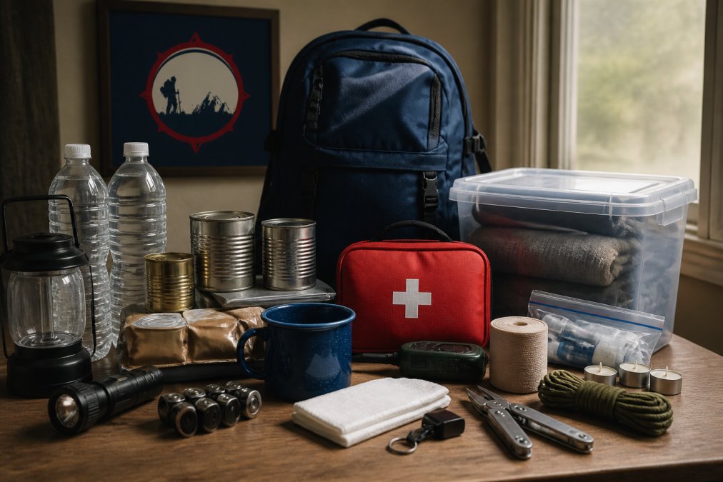 Infographic checklist of emergency kit essentials including food, water, first aid, and tools for a 72-hour supply.