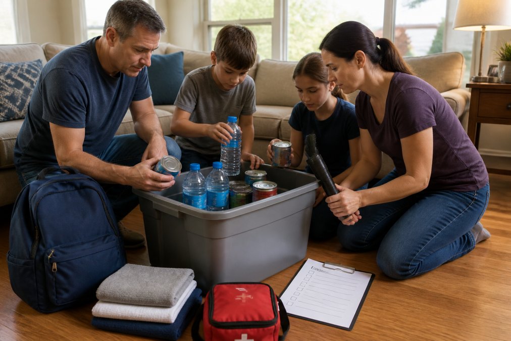A family packing a plastic bin with supplies to build an emergency kit for hurricane preparedness together.