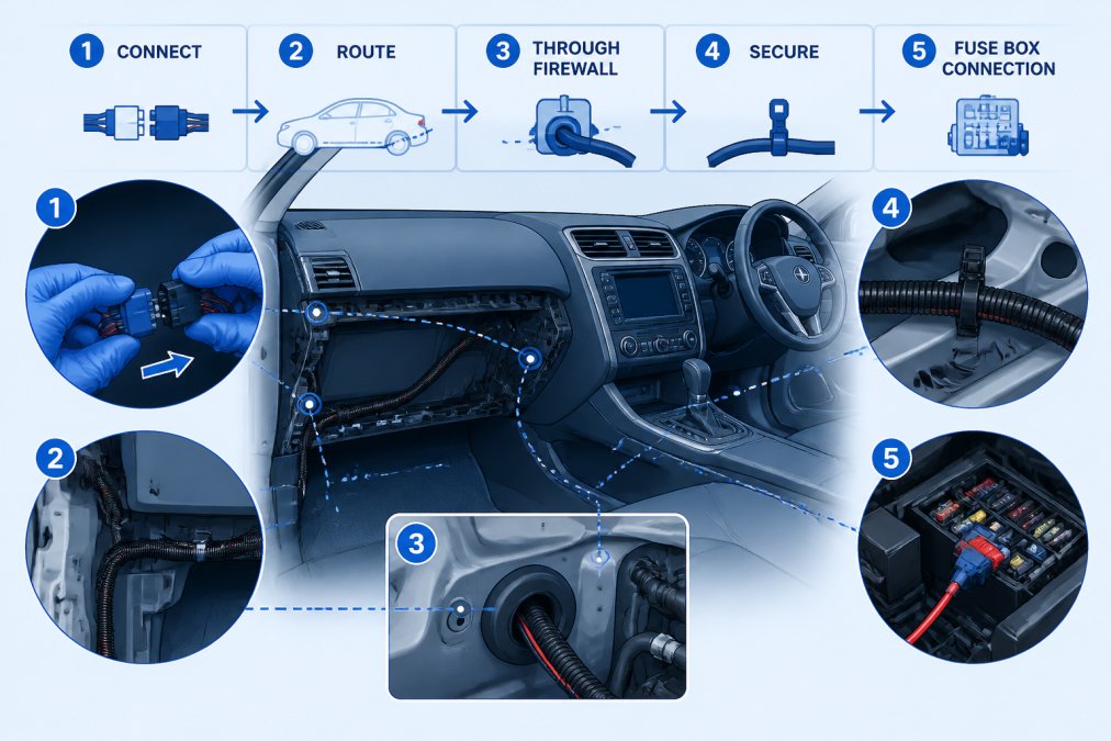 Emergency Light Installation for Passenger Cars: A Legal Guide Professional's hands connecting wiring harness connectors and electrical cables inside a car dashboard, showing proper routing through the firewall and access to the fuse box with natural workshop lighting