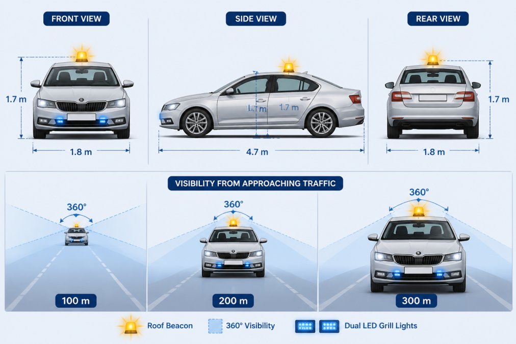 Emergency Light Installation for Passenger Cars: A Legal Guide Passenger car with amber emergency beacon mounted on the roof and dual LED grill lights installed on the front bumper, photographed from multiple angles showing visibility from approaching traffic perspective in daylight