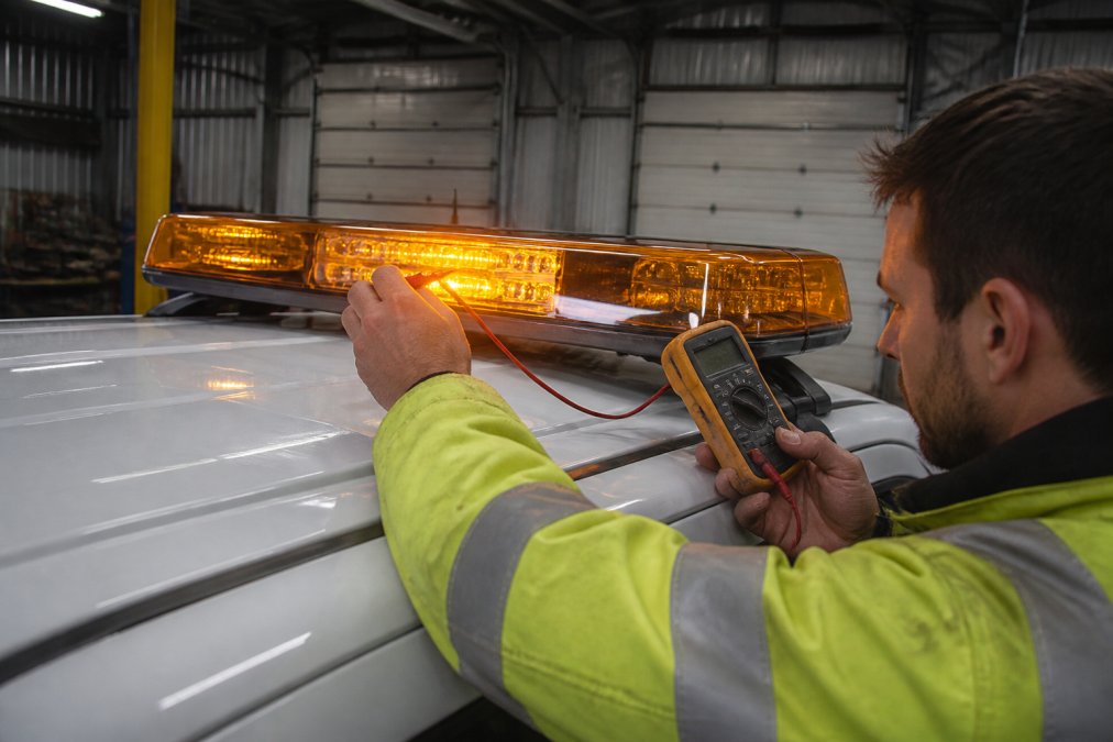 Emergency Light Requirements for Fleet Managers: 2026 Guide Maintenance technician inspecting emergency beacon mounted on vehicle roof, checking light output and connections with professional equipment
