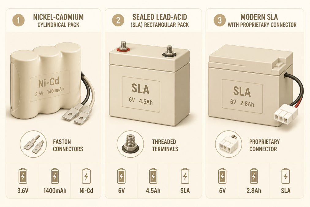 Close-up of three emergency light batteries arranged side by side showing nickel-cadmium cylindrical pack with faston connectors, sealed lead-acid rectangular pack with threaded terminals, and modern SLA variant with proprietary connector under bright overhead lighting