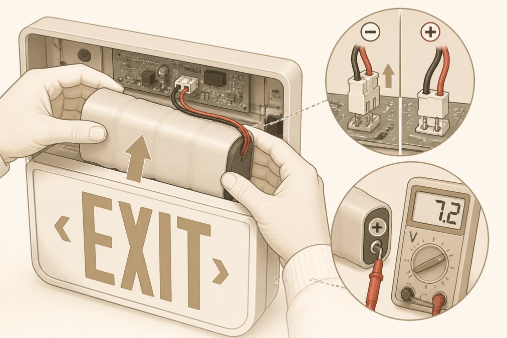 Hands carefully removing a battery pack from an exit sign fixture, showing the red and black connector wires being disconnected from the circuit board with a multimeter probe touching the positive terminal for voltage verification