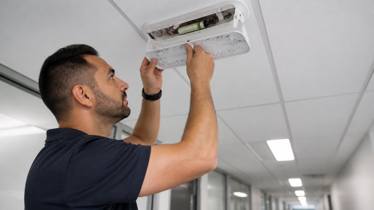 Technician performing emergency lighting maintenance by inspecting a ceiling-mounted luminaire in an office corridor.