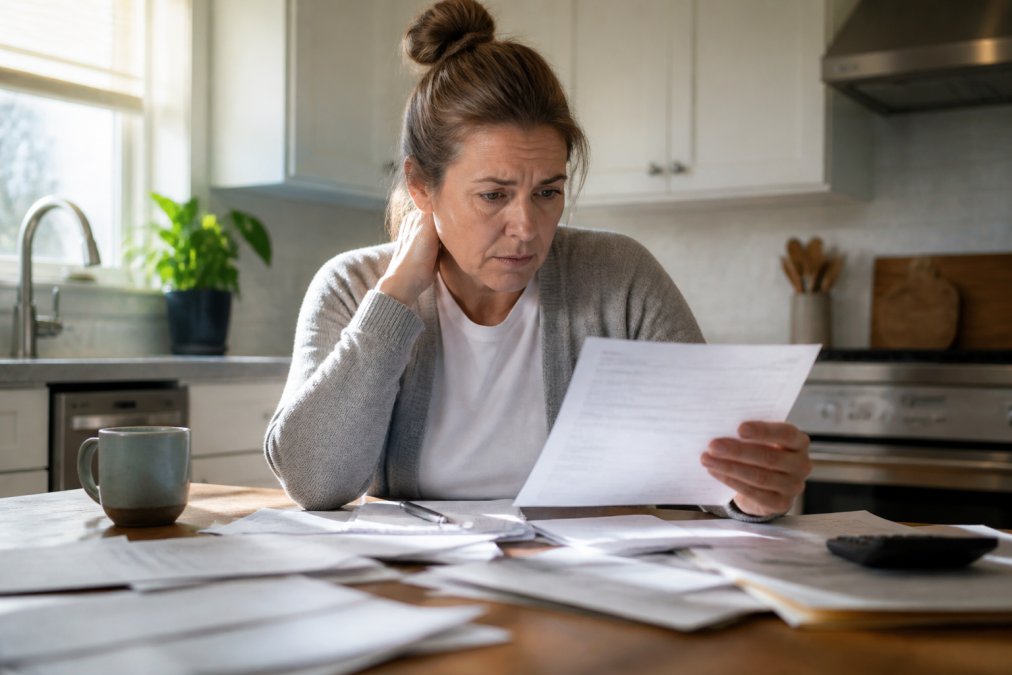 Homeowner at kitchen table reviewing mortgage documents and financial statements with determined expression, natural morning light streaming through window