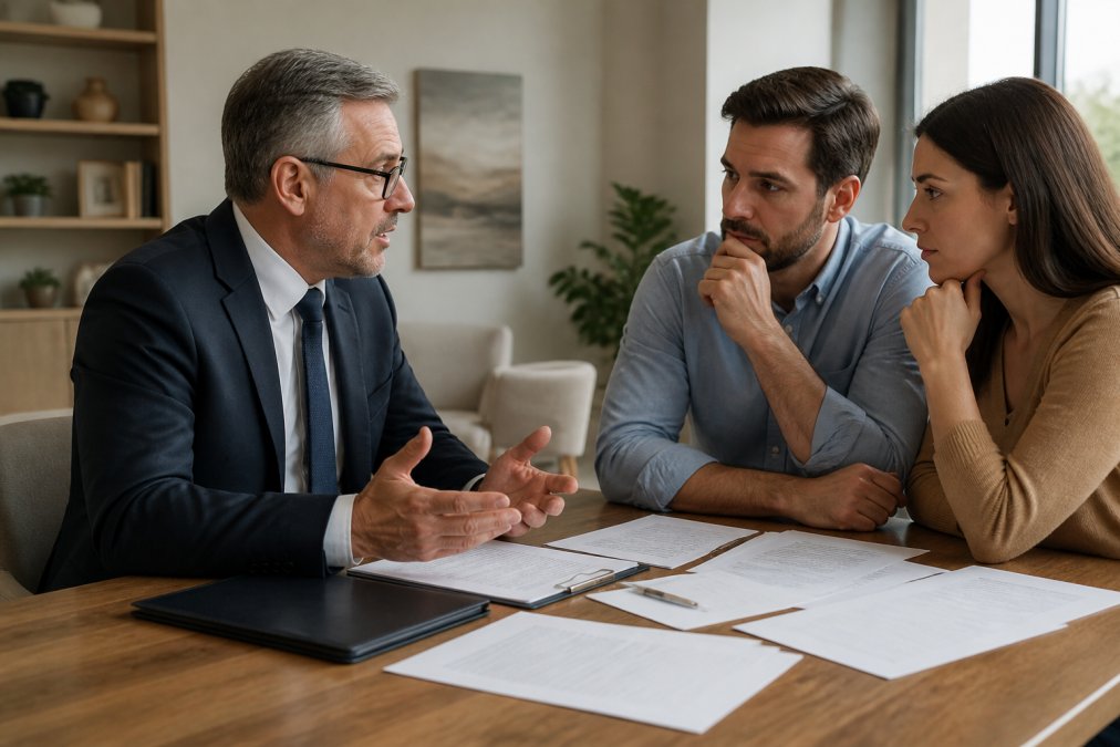 Professional financial advisor in business attire having serious conversation with homeowner across desk in modern office, warm lighting, documents visible on desk