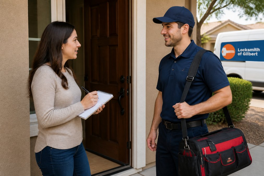 Homeowner standing at front door holding a notepad with questions written down, speaking with locksmith in work uniform arriving with tool bag, natural daylight