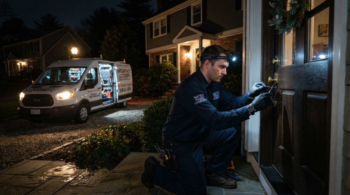 A locksmith technician in a branded uniform working on a residential door lock at night, with a service van parked in the driveway and its headlights on