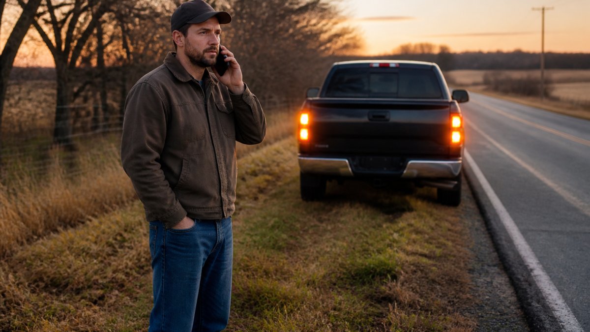 A person standing safely on the grassy shoulder beside a locked pickup truck at dusk on a rural Tennessee two-lane road, hazard lights glowing, phone held to ear, waiting for help