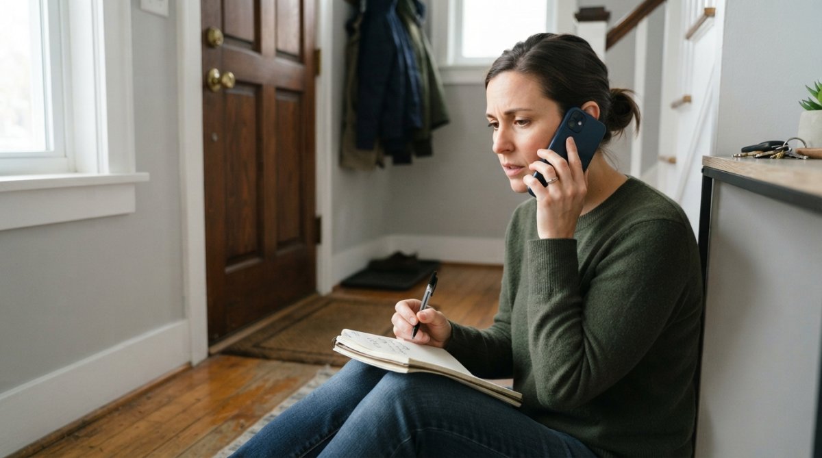Person sitting at home near a locked door, notepad and pen in hand, speaking on phone with focused expression, natural window lighting