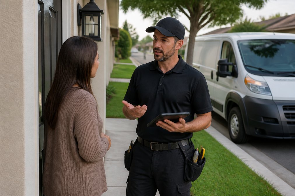 A professional locksmith technician in a uniform standing beside a service van, holding a tablet and speaking with a homeowner at a front door in a residential neighborhood