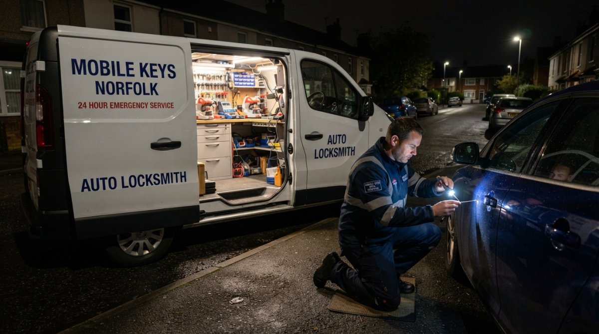 A mobile locksmith van parked on a residential street at night with its side door open, revealing organised tools and key-cutting equipment inside, while a technician in uniform works on a car door lock with a torch