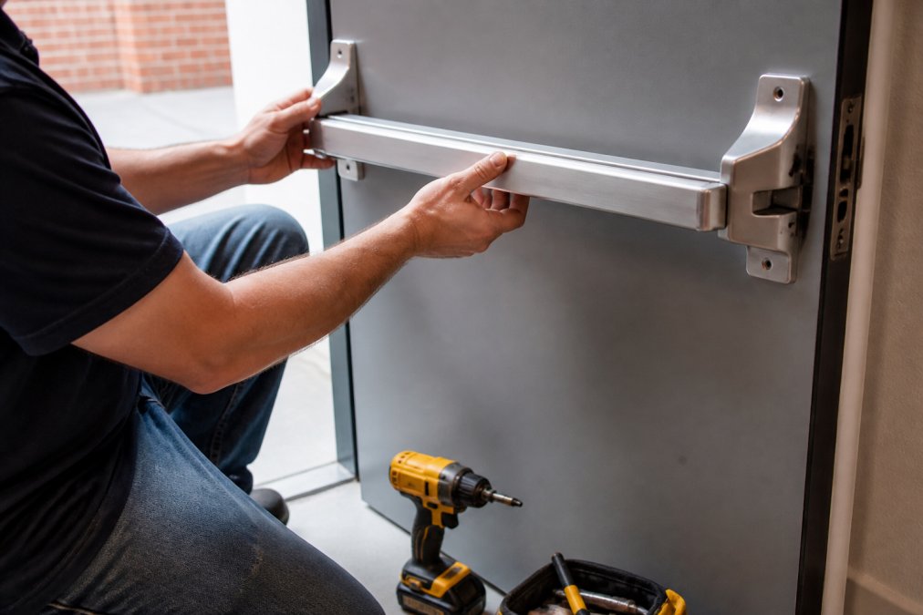 A close-up of a locksmith's hands fitting a metal push bar to a commercial fire exit door, with tools and a drill visible on the floor nearby