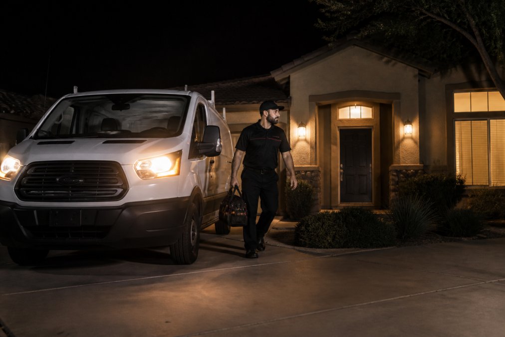 A locksmith van parked in a residential driveway at night with headlights on, technician stepping out with a tool bag, front door of a home visible in the background