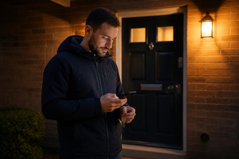 A person standing outside their front door at night, looking at their phone with a calm expression, house keys visible in hand, warm porch light on