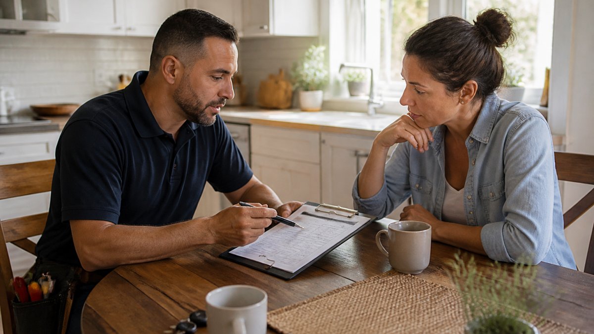 Professional locksmith reviewing a detailed written estimate with a homeowner at a kitchen table, pen in hand, natural morning light streaming through windows