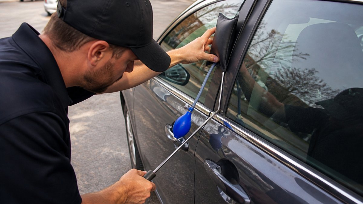 Professional locksmith using specialized air wedge tool to create gap in car door while carefully inserting long-reach tool to manipulate interior lock mechanism