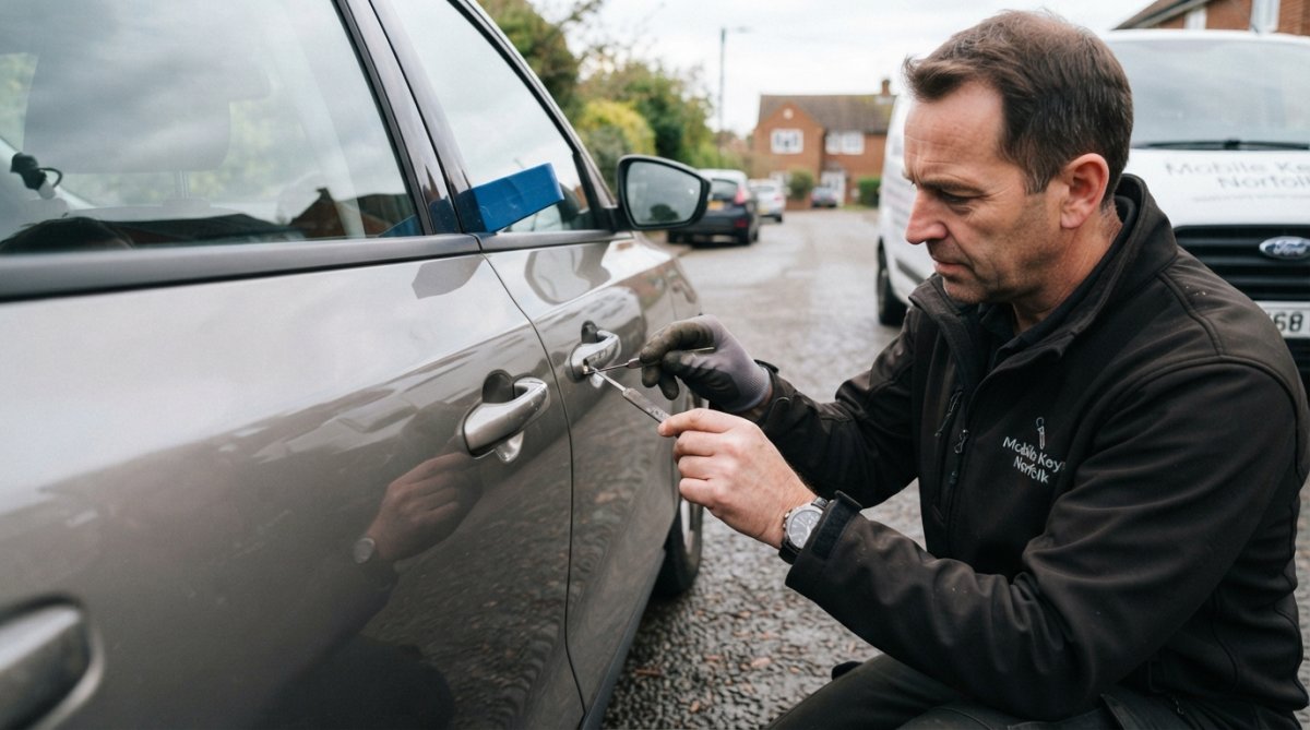 Professional locksmith using specialized non-destructive entry tools at a car door, demonstrating careful hand positioning and technique with focus on the equipment and door mechanism
