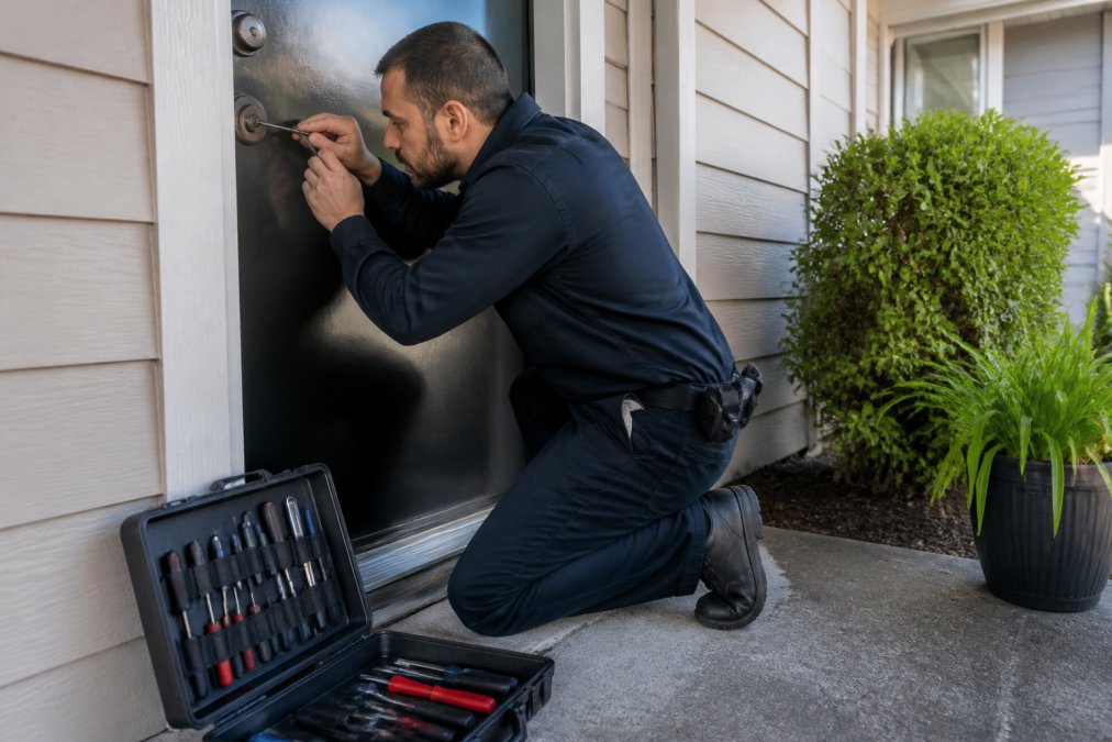 An emergency locksmith uses a tension wrench to open a residential front door during a house lockout service.