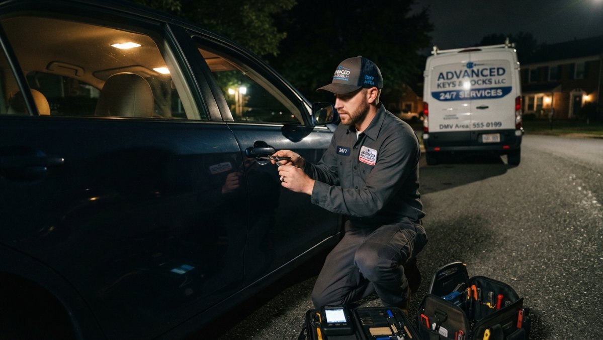 A locksmith technician in a branded work uniform kneeling beside a locked sedan at night, holding a key programming device while the car's interior light glows, with a service van visible in the background