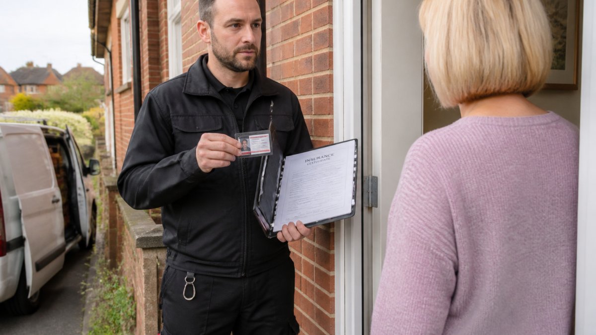 Professional locksmith in uniform showing identification badge and insurance documentation to a homeowner at the front door of a brick home in daylight