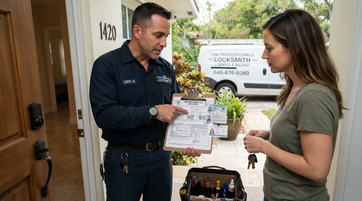 Professional locksmith presenting credentials to ensure fair emergency locksmith pricing at a residential door