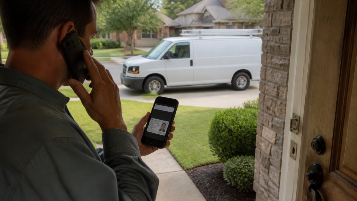 Homeowner checking digital credentials on a phone while waiting for a fast locksmith response time van.