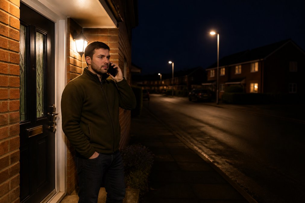 A person standing calmly outside their front door at night, speaking on a mobile phone under a well-lit porch, with a quiet residential street visible in the background