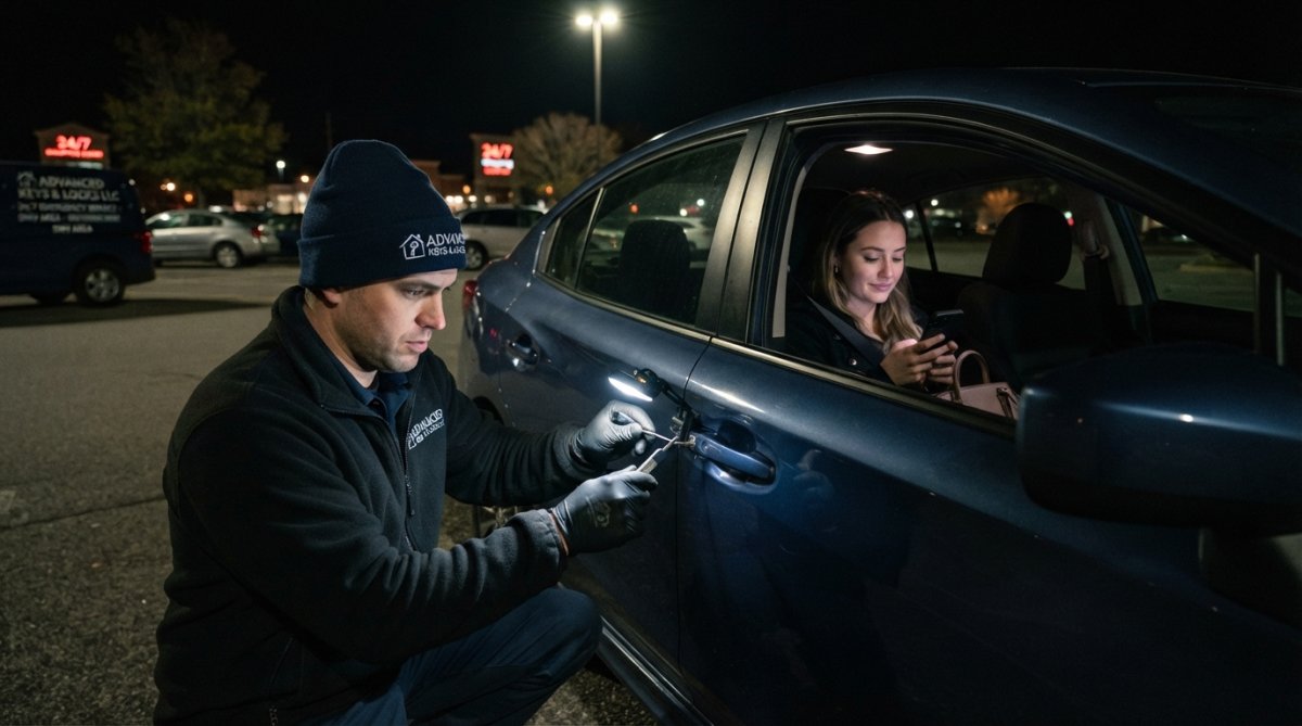 Person sitting calmly in a lit car at night while awaiting an emergency locksmith response