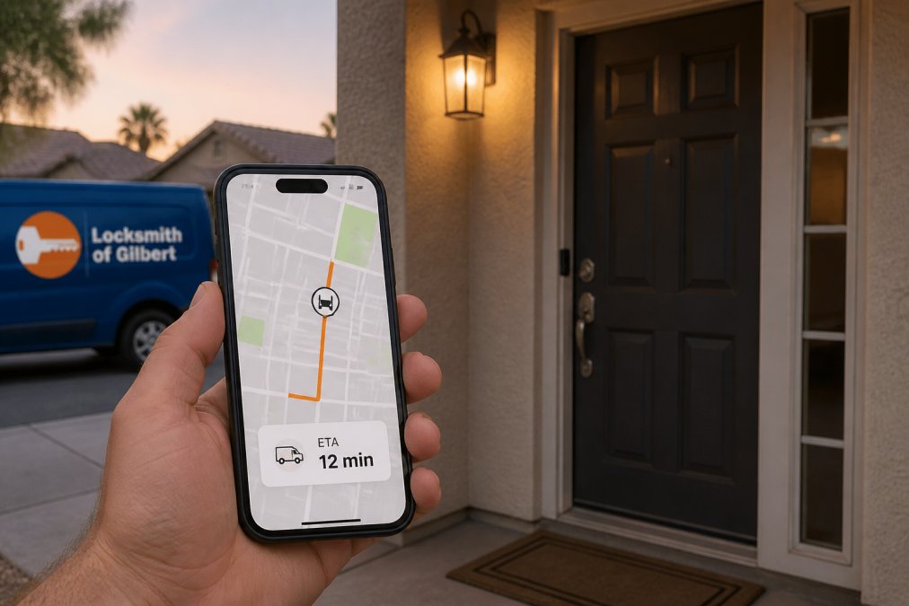Smartphone map showing an emergency locksmith van location and ETA during a residential house call at dusk