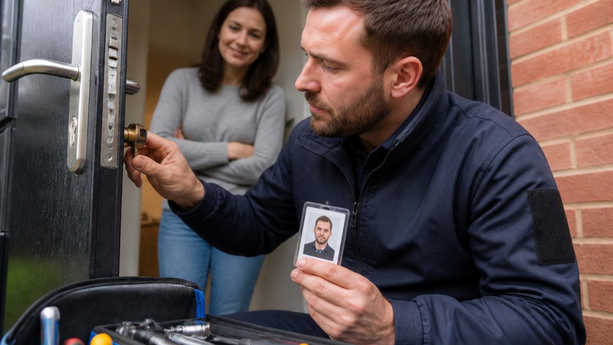 Professional locksmith in uniform examining residential door lock with professional tools visible, holding credentials, with homeowner visible in background looking reassured