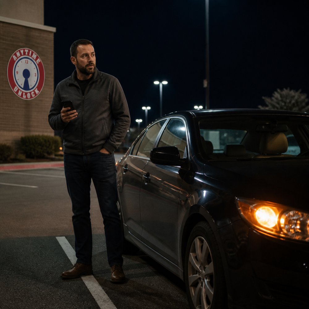 A person standing beside a locked car at night in a well-lit parking lot, phone in hand, waiting calmly near the vehicle with hazard lights on