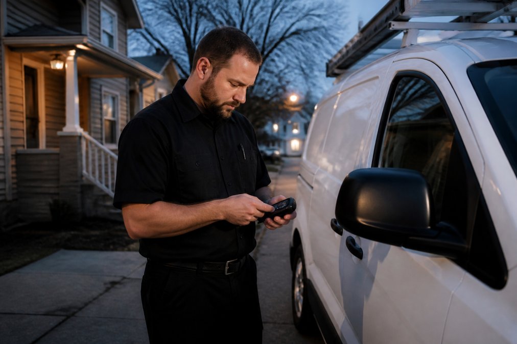 A professional locksmith technician in a black uniform standing beside a white service van on a residential Omaha street at dusk, holding a key fob programmer, with a porch light glowing in the background