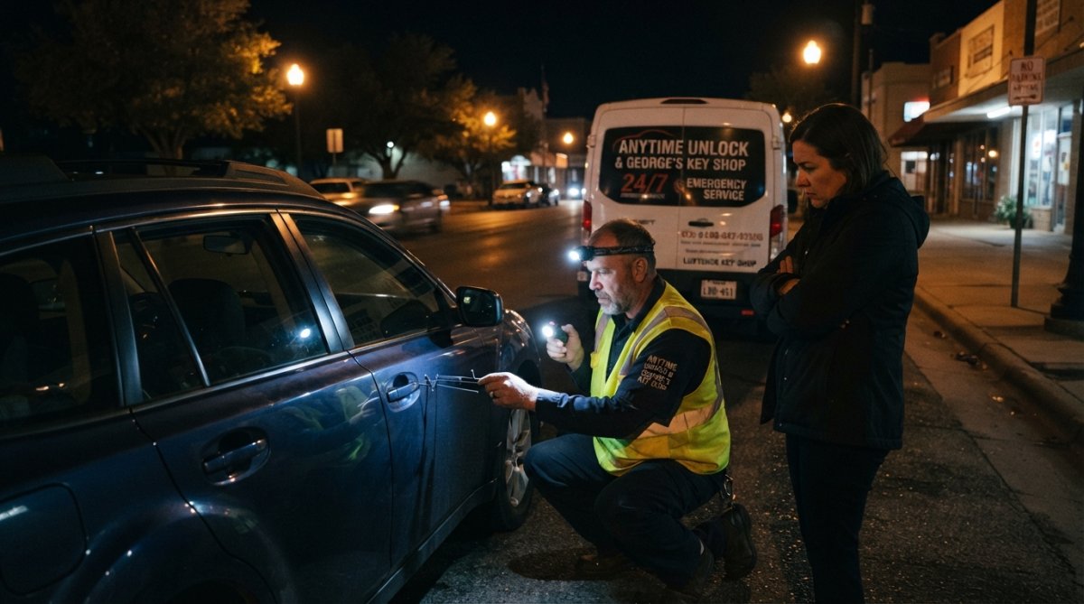 Emergency locksmith using a flashlight to unlock a car door on a dark street at night
