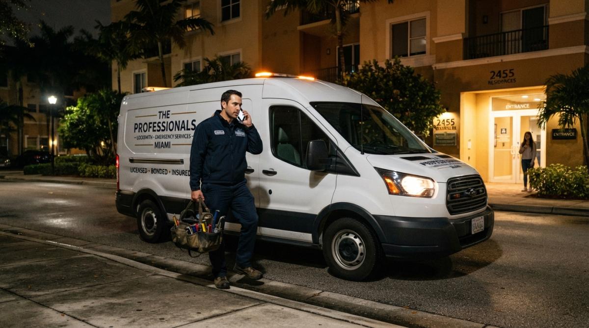 Emergency locksmith arriving at a residential building at night to assist a client with a lockout.