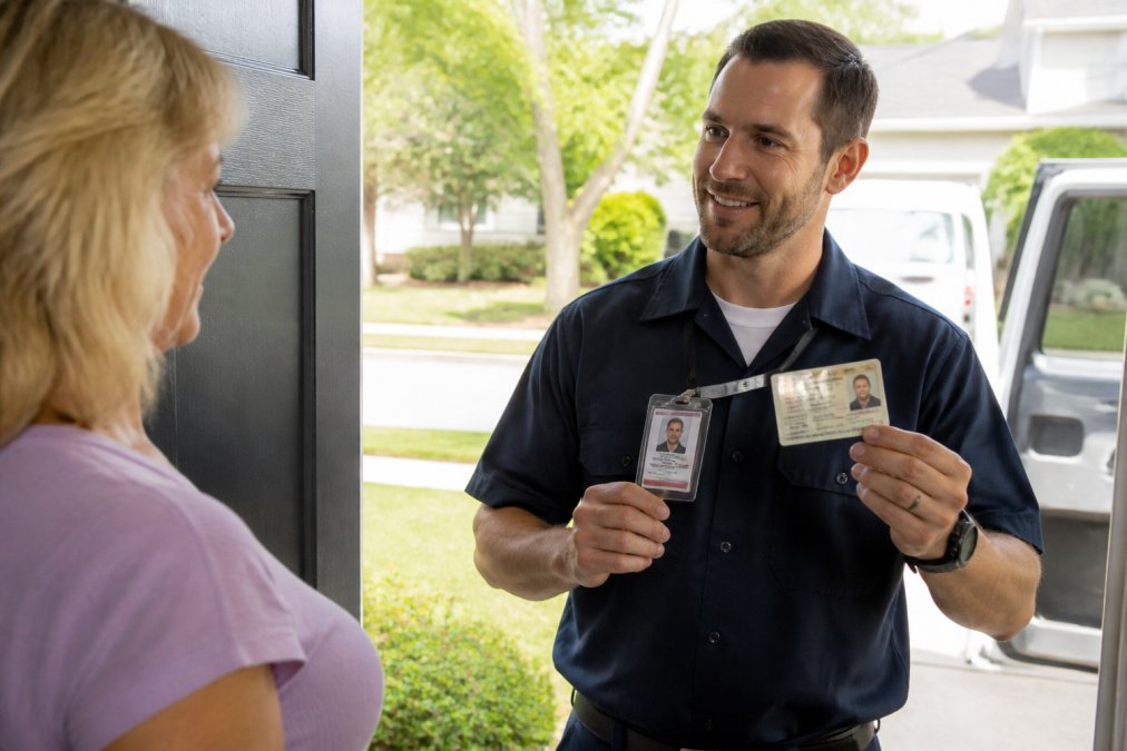 Close-up of a locksmith technician showing identification credentials and a license card to a homeowner at a front door in daylight before beginning work, both parties visible in the frame
