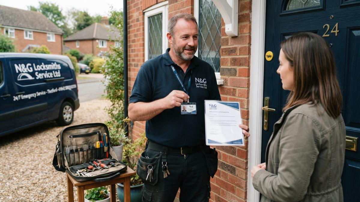 Professional locksmith in uniform displaying ID badge and certification documents while standing at residential doorway with visible tool kit and professional equipment