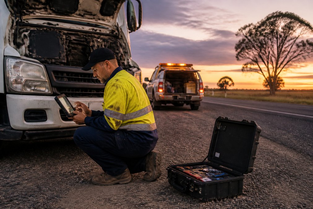 Mobile diesel mechanic using a diagnostic tablet to fix a truck on a rural Queensland roadside at dusk