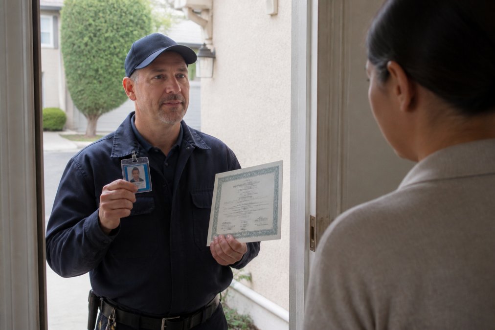 Professional locksmith in uniform displaying credentials and insurance documentation to a homeowner at a residential door, showing badge and certificate