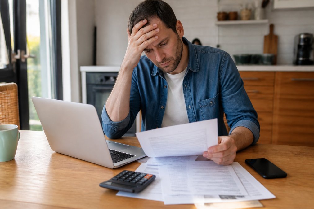 A worried homeowner sitting at a kitchen table with a laptop, reviewing mortgage documents and a calculator, with a phone nearby