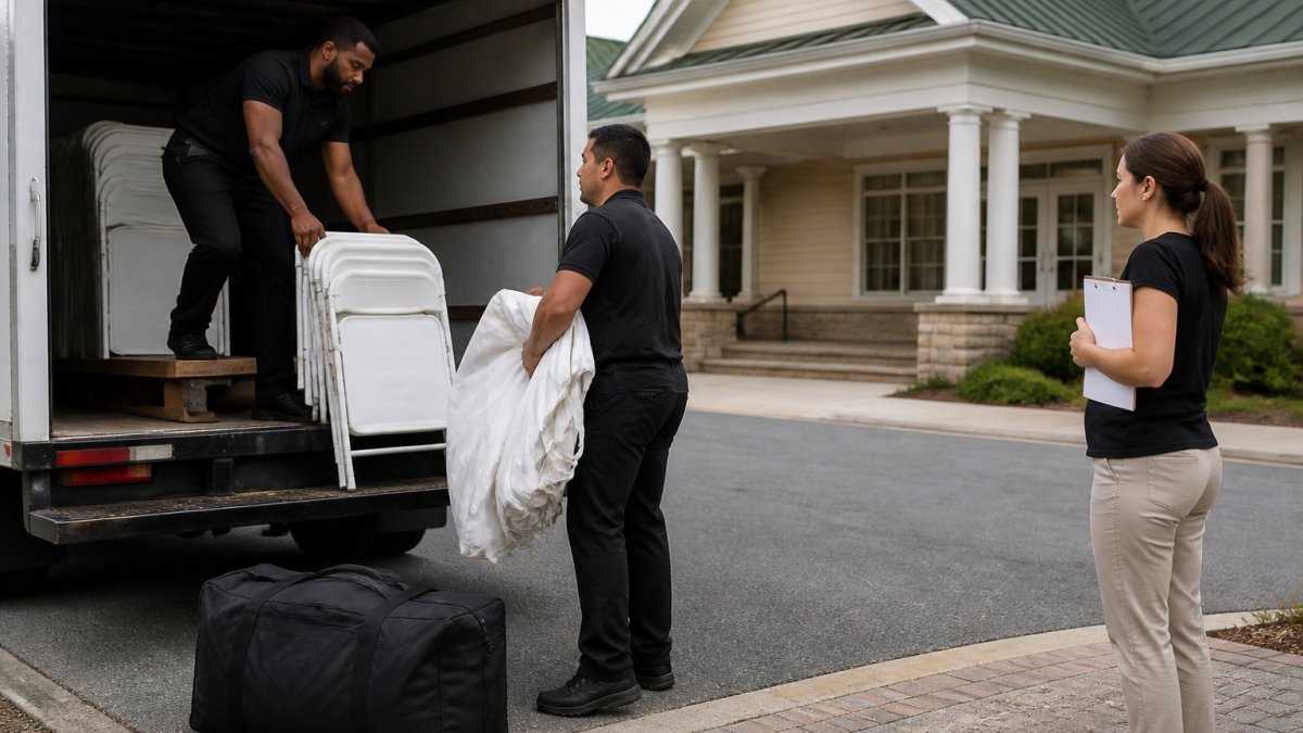 Two delivery crew members in polo shirts unloading white folding chairs and a folded tent from a box truck outside a suburban event venue, with a planner holding a clipboard nearby