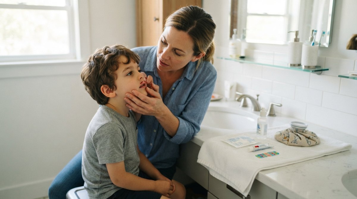 Parent gently examining a child's lip injury during a pediatric dental emergency in a bright bathroom. Parent gently examining a child's lip injury during a pediatric dental emergency in a bright bathroom.