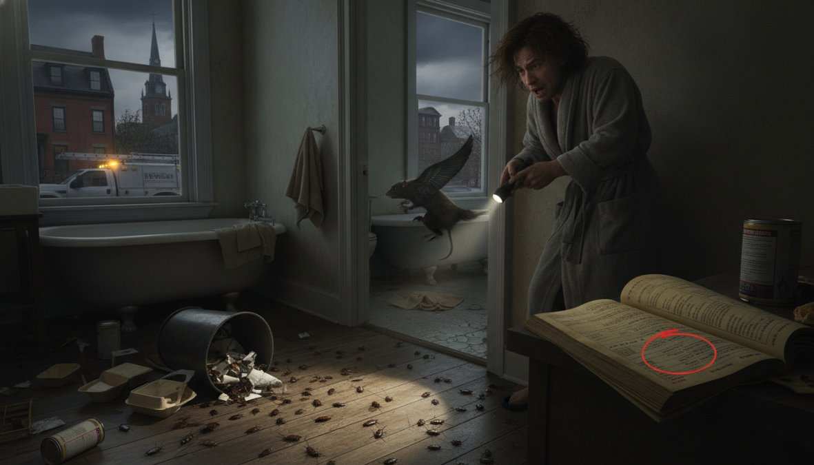 A licensed pest control technician in full uniform crouching beside a Boston-area kitchen stove, shining a flashlight behind the appliance while inspecting for rodent droppings and cockroach activity under bright kitchen lighting