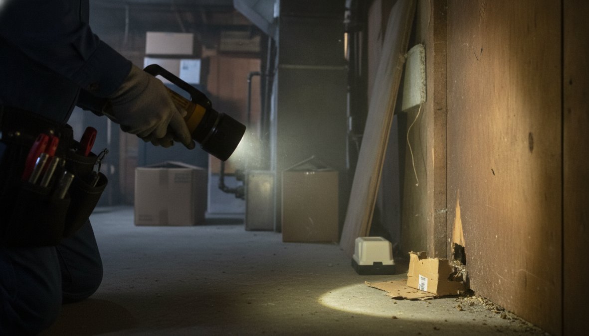 A licensed pest control technician in a branded uniform crouching in a dimly lit Boston basement, shining a flashlight along a stone foundation wall while examining rodent droppings and a gnawed gap near a utility pipe