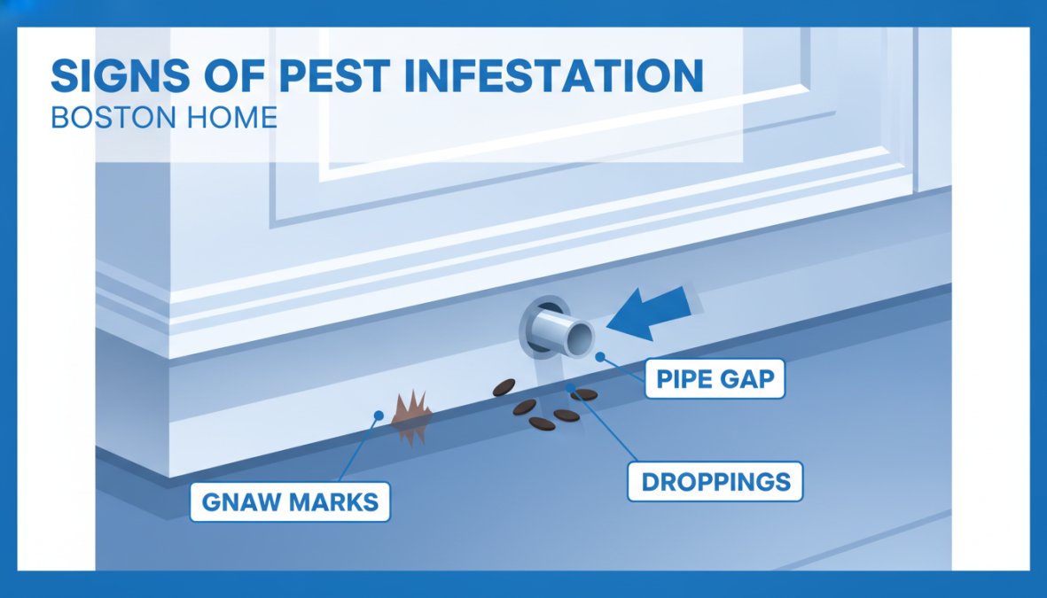 Close-up of a Boston brownstone kitchen baseboard showing small gnaw marks and dark rodent droppings clustered near a gap where a pipe enters the wall, photographed under warm incandescent kitchen lighting